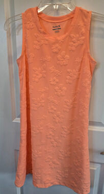 Hurley Sleeveless Tank Dress Women Size14/16 Floral Peach Hibiscus Textured Logo
